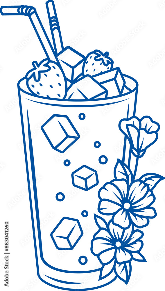 Fruit cocktail with ice and fresh strawberries decorated with small spring flowers