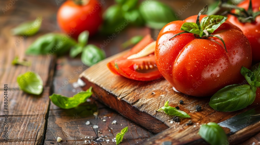 Fresh Tomato Slice with Basil on Wooden Cutting Board - Perfect for Culinary Designs Fresh Tomato Slice with Basil on Wooden Cutting Board - Perfect for Culinary Designs