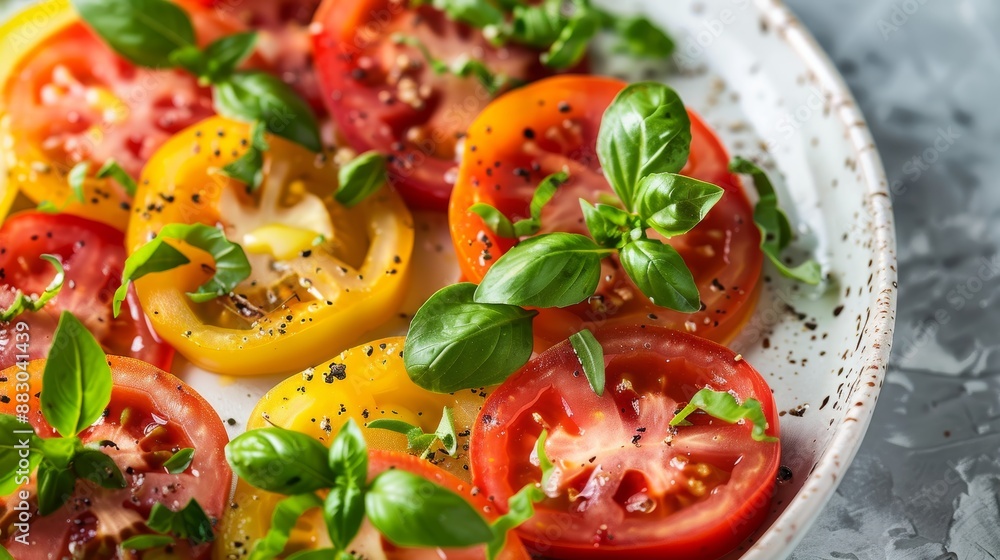 Elegant Heirloom Tomato Dish on Rustic Plate for Gourmet Food Magazine Cover Design Elegant Heirloom Tomato Dish on Rustic Plate for Gourmet Food Magazine Cover Design