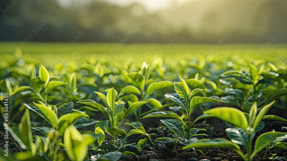Fototapeta premium agriculture Landscape of soybean sprouts ripening during spring season on agricultural field Green tea leaves growing in fertile soil on farmer s land or plantation in the morning