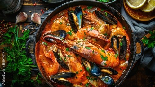 Modern style traditional Spanish seafood zarzuela de pescado with fish king prawns and blue mussels served in red sauce as top view in design pot