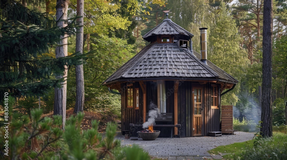A small wooden sauna house with a shingled roof and multiple chimneys located outdoors surrounded by trees A small wooden sauna house with a shingled roof and multiple chimneys located outdoors surrounded by trees