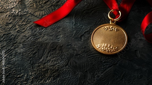 Gold First Place Medal with Red Ribbon on Matte Black Background for Award and Achievement Recognition photo