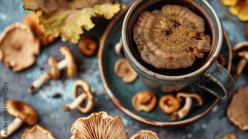 Mushroom coffee superfood mushroom coffee with Lion s mane mushrooms A cup of coffee and mushrooms Healthy organic energizing adaptogen photo