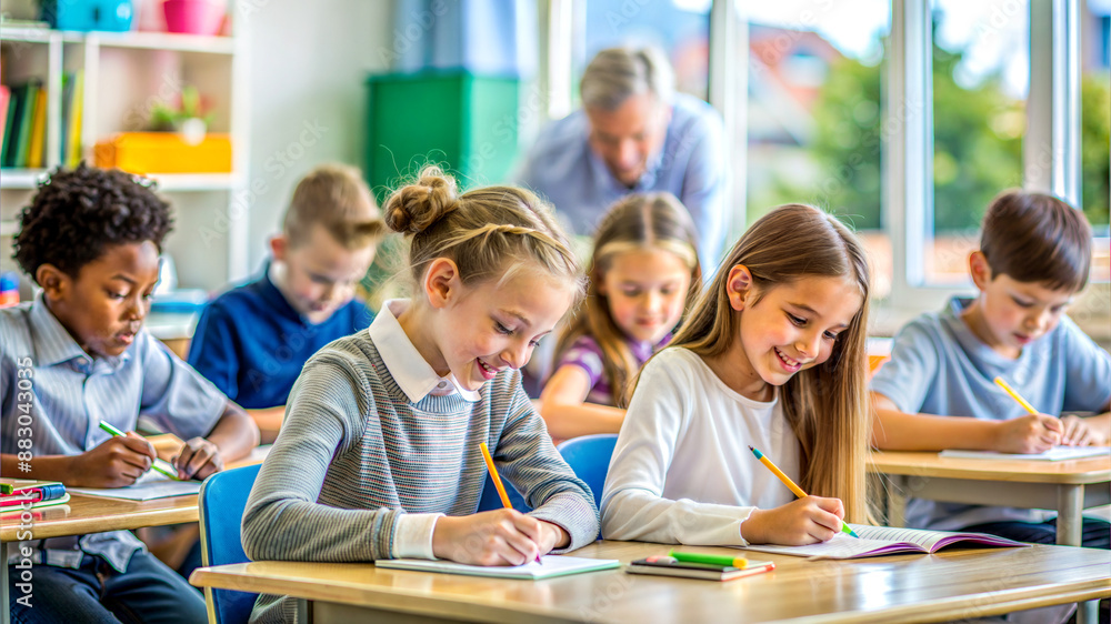 Obraz premium children writing in classroom with teacher in the background, educational concept, international literacy day, teacher's day 