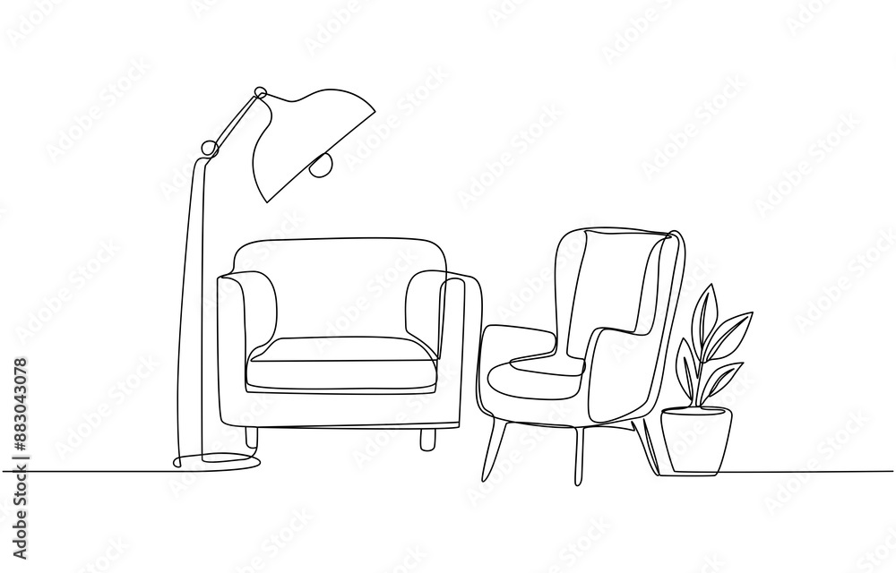 One continuous line drawing of couch and lamp and plant. Modern flat furniture for living room interior in simple linear style. Doodle vector illustration, chair line art style vector illustration. One continuous line drawing of couch and lamp and plant. Modern flat furniture for living room interior in simple linear style. Doodle vector illustration, chair line art style vector illustration.