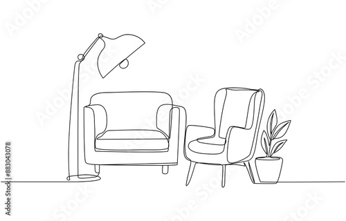 One continuous line drawing of couch and lamp and plant. Modern flat furniture for living room interior in simple linear style. Doodle vector illustration, chair line art style vector illustration.