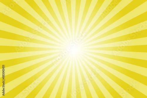 Yellow background with white sun ray. Pattern of starburst. Abstract citrine yellow texture with light of sunburst. Radial beam of sunlight. Retro background with flash. Design of sunbeams.