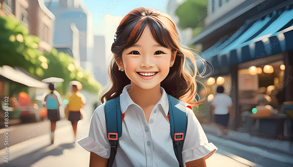 Obraz premium Asia kid girl smile portrait and traveling the summer weekend in the city, Generative AI.