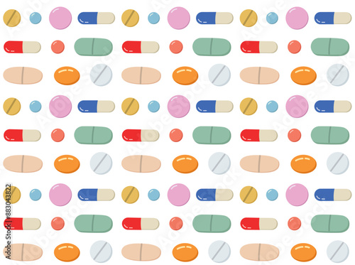 Seamless pattern with cartoon pills and capsules. Vector flat background	