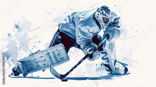An ice hockey goalie making an acrobatic save in action. The goalie is equipped with full gear and is stretching out to block the puck with impressive agility and focus.