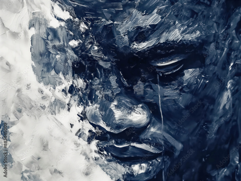 A painting of a man with a sad expression. The painting is blue and white. The man's face is the main focus of the painting A painting of a man with a sad expression. The painting is blue and white. The man's face is the main focus of the painting