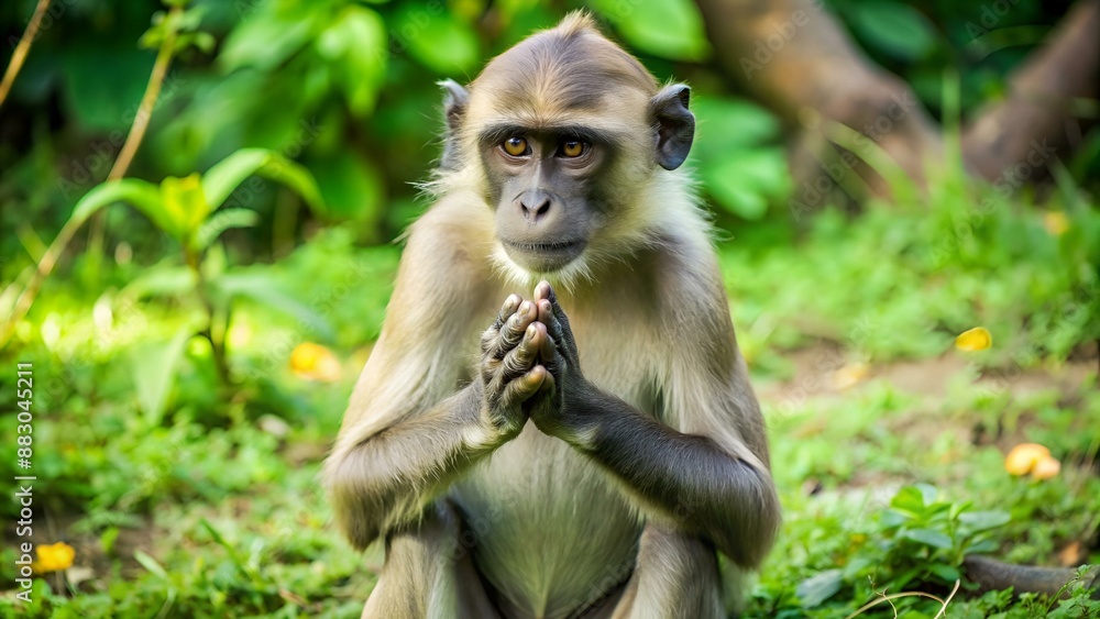 Serenity found: macaque monkey assumes a peaceful yoga meditation pose, hands clasped in prayer, sitting calmly in serene outdoor surroundings with lush greenery. Serenity found: macaque monkey assumes a peaceful yoga meditation pose, hands clasped in prayer, sitting calmly in serene outdoor surroundings with lush greenery.