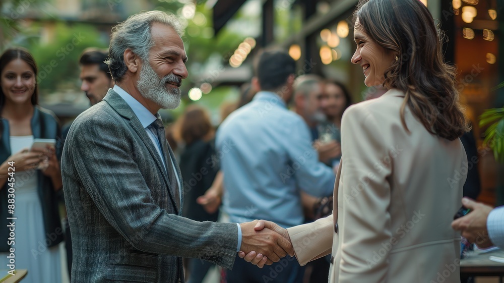 Business professionals shaking hands at a networking event, surrounded by a group of people in an outdoor setting. Business professionals shaking hands at a networking event, surrounded by a group of people in an outdoor setting.