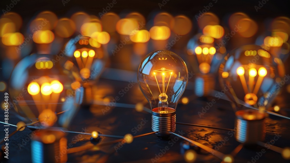 Close-up of glowing incandescent light bulbs, symbolizing ideas, innovation, and inspiration in a dark background setting. Close-up of glowing incandescent light bulbs, symbolizing ideas, innovation, and inspiration in a dark background setting.