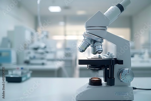 An advanced microscope in the foreground, set against a backdrop of a modern laborator photo