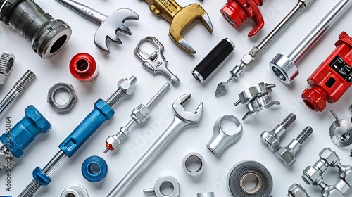 Top view of essential plumbing tools and components like pipe wrenches Teflon tape and various pipe fittings Stock Photo with copy space photo