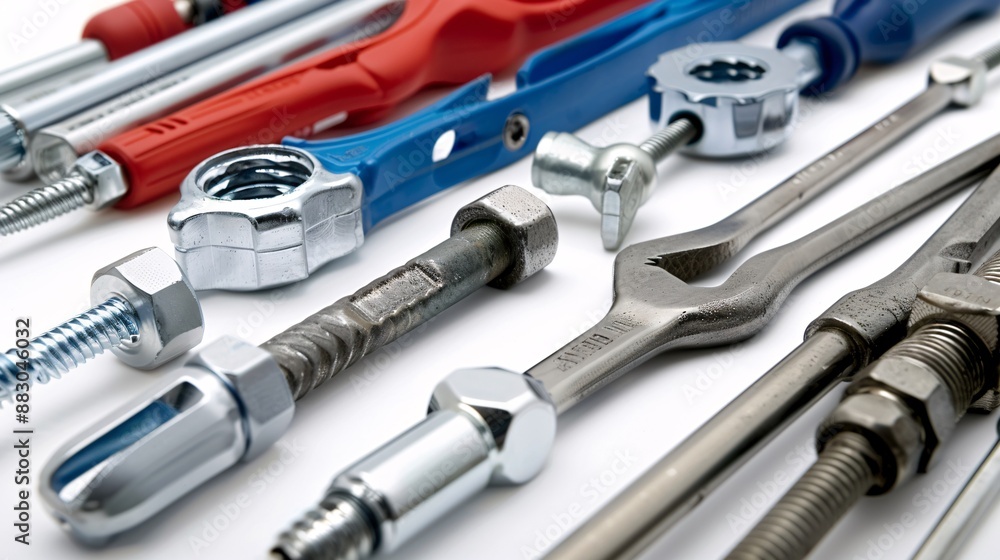 Fototapeta premium Neatly organized plumbing tools including a pipe cutter basin wrench and a range of pipe fittings and connectors Stock Photo with copy space