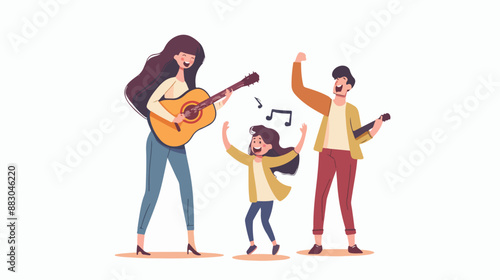 Happy Family Home Party Concept. Moms Girlfriend Playing Guiter