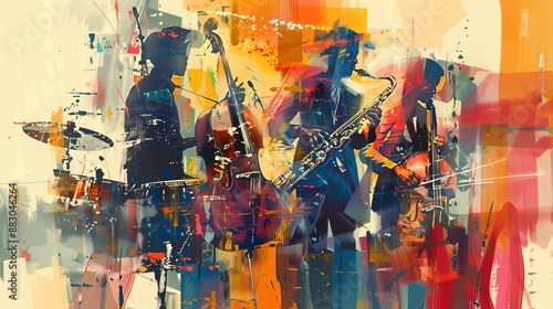 This image depicts an energetic abstract illustration with musicians playing jazz instruments like the saxophone, bass, and drums in an explosion of colors and forms.