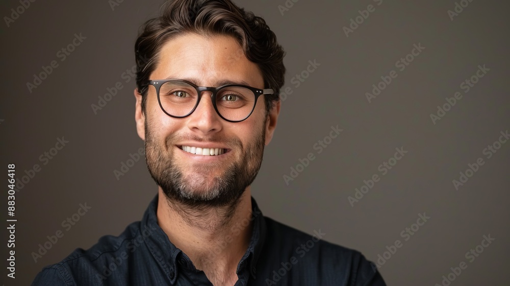 A modern portrait of a smiling man with glasses set against a neutral brown background. His friendly expression and clear eyes make for an inviting, approachable image. A modern portrait of a smiling man with glasses set against a neutral brown background. His friendly expression and clear eyes make for an inviting, approachable image.