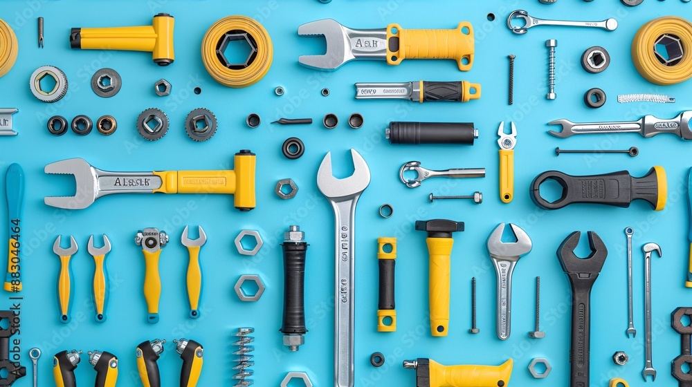 A well-organized flat lay of plumbing hand tools including pipe wrenches adjustable spanners and pliers with various pipes and fittings Stock Photo with copy space A well-organized flat lay of plumbing hand tools including pipe wrenches adjustable spanners and pliers with various pipes and fittings Stock Photo with copy space