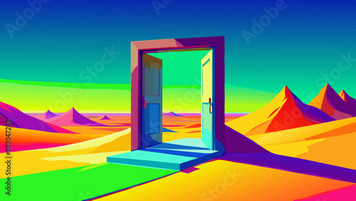view from the window door to the sea Opened door on desert. Unknown and start up concept. This is a 3d illustration