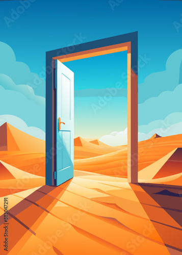 view from the window door to the sea Opened door on desert. Unknown and start up concept. This is a 3d illustration