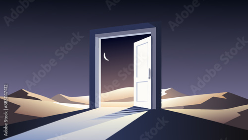 view from the window door to the sea Opened door on desert. Unknown and start up concept. This is a 3d illustration