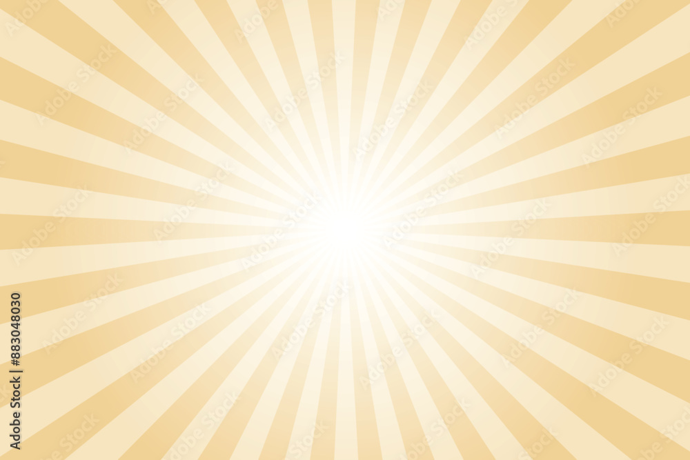Fototapeta premium Yellow background with white sun ray. Pattern of starburst. Abstract deep champagne yellow texture with light of sunburst. Radial beam of sunlight. Retro background with flash. Design of sunbeams.