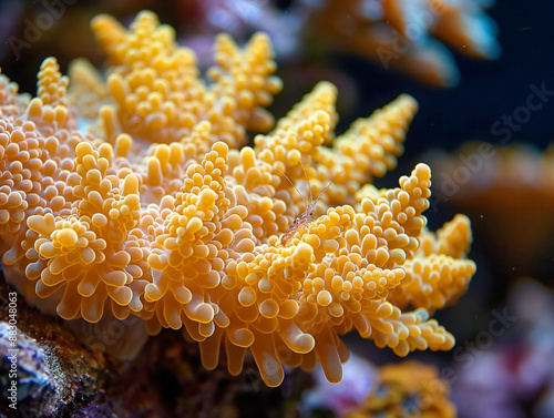 A close up view of a vibrant yellow sun coral with its polyps extended, displaying a detailed and textured surface The background is blurred, highlighting the coral's intricate structure photo