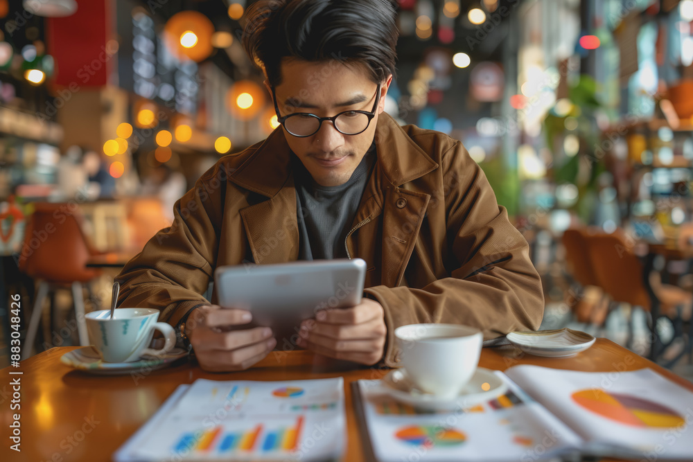 Fototapeta premium Young entrepreneur analyzing digital financial charts on a tablet, coffee shop setting.