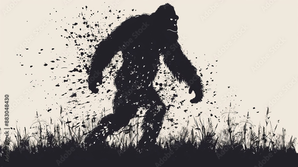 Fototapeta premium An artistic depiction showing a silhouette of a large creature walking through a grassy field, highlighting the mystique and curiosity associated with cryptids and unknown entities.