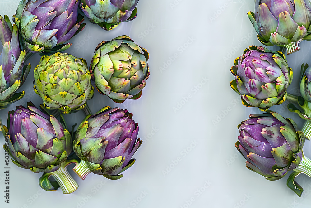 Green and purple artichoke flower buds pattern, top view Green and purple artichoke flower buds pattern, top view