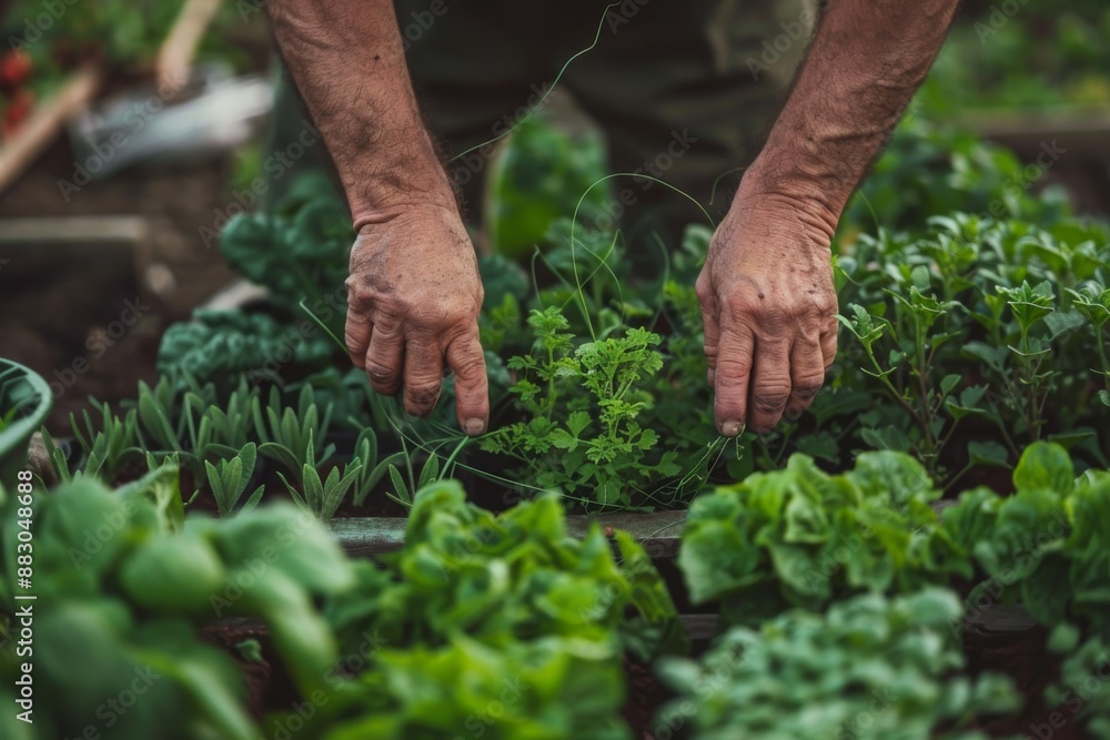 A closeup of a farmer's hands tending to a variety of crops growing in a small plot A closeup of a farmer's hands tending to a variety of crops growing in a small plot