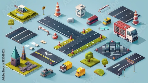 A detailed isometric illustration of a city map, featuring roads, various vehicles, buildings, and greenery, creating a comprehensive and lively urban scene.