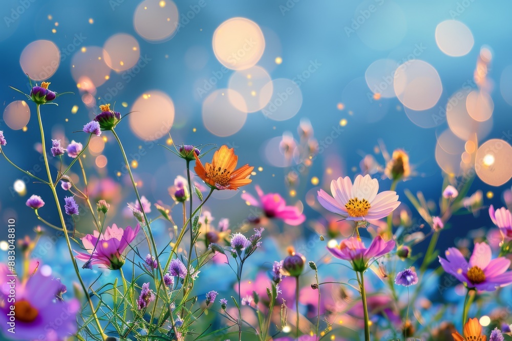 Close-up of a cluster of colorful wildflowers in full bloom, with a soft, blurry background of bokeh lights and blue sky Close-up of a cluster of colorful wildflowers in full bloom, with a soft, blurry background of bokeh lights and blue sky