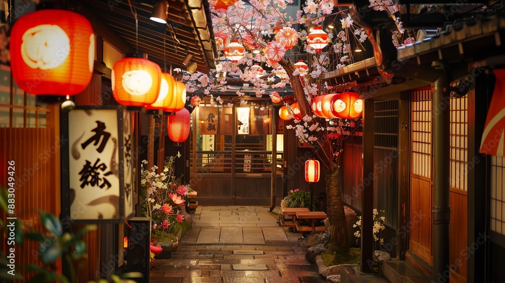 Naklejka premium This image captures a beautiful Japanese alleyway with traditional architecture, vibrant red lanterns, and blooming cherry blossom trees, giving an authentic cultural feel.
