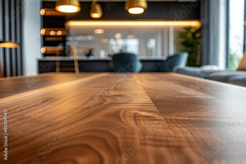 A wooden dining table is showcased in a modern living room. The table is in focus, with the surrounding furniture blurred in the background, capturing a sense of depth photo