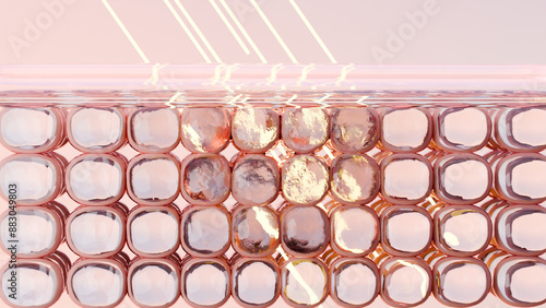 Sunscreen Cream or serum drop, Ultraviolet shield reflect UV sun light, Sunburn, skin cells, aging, sunblock lotion, SPF Ultraviolet Rays protection, Advertisements for cosmetics, collagen, 3d render