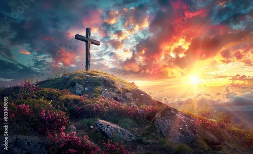 Colorful sunset light shines behind the cross on the hill, creating a hopeful scene