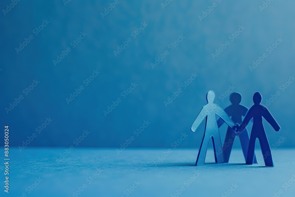 Three blue paper figures standing together on a solid blue background Three blue paper figures standing together on a solid blue background