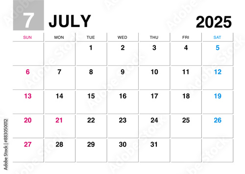 2025年7月のカレンダー日曜始まり