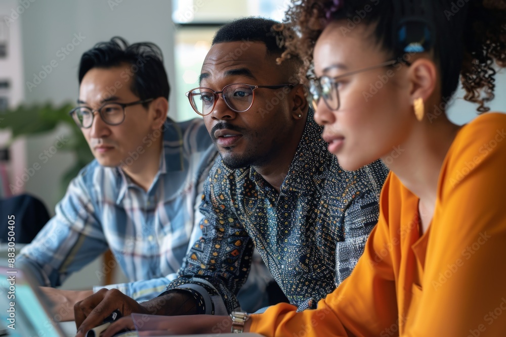 A group of three professionals, including a young Black entrepreneur and a middle-aged Asian manager, work together on a project in a modern office setting A group of three professionals, including a young Black entrepreneur and a middle-aged Asian manager, work together on a project in a modern office setting