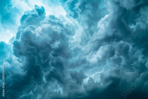 Fototapeta Naklejka Na Ścianę i Meble -  A low-angle photograph showcasing the impressive scale of a storm cloud formation. The clouds are thick and billowing, creating a dramatic contrast against the deep blue sky