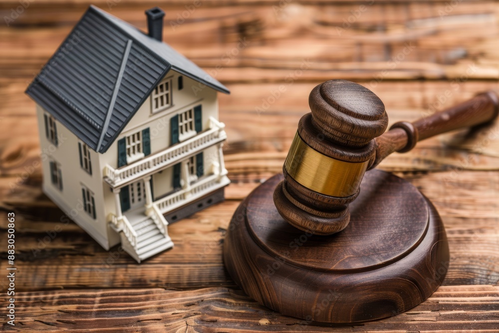 A high-angle photograph captures a wooden gavel lying next to a small house model on a wooden surface A high-angle photograph captures a wooden gavel lying next to a small house model on a wooden surface