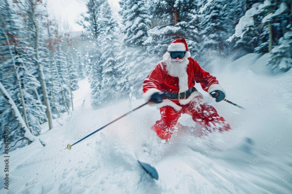 A high-angle view of Santa Claus, wearing his iconic red suit, skiing down a snowy slope with trees in the background A high-angle view of Santa Claus, wearing his iconic red suit, skiing down a snowy slope with trees in the background