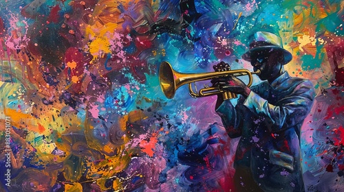 This lively abstract artwork features a musician playing a trumpet against an explosively colorful backdrop, representing the joy and energy of musical performance.