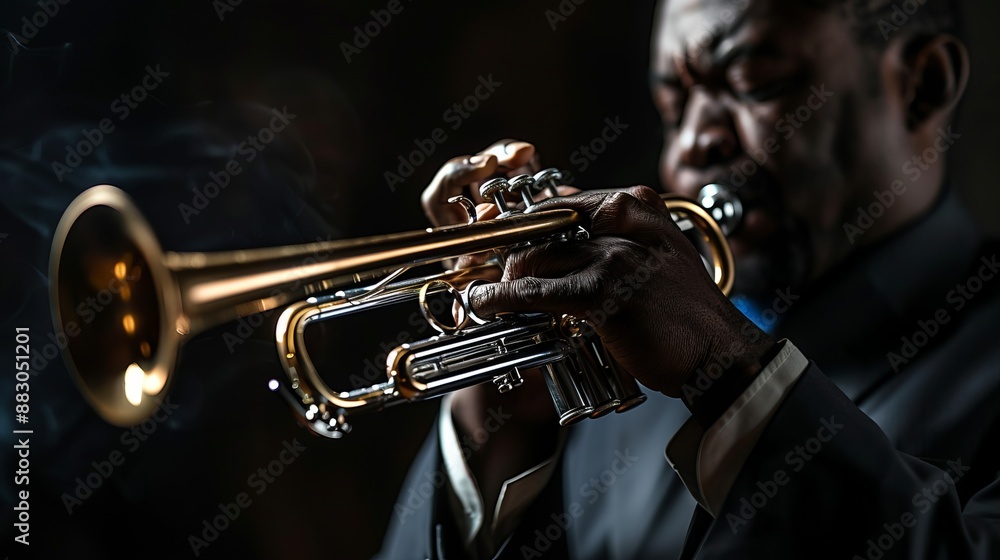 Obraz premium A close-up view of a jazz musician playing a trumpet, with the instrument sharply in focus against a dark, smoky background, capturing the essence of a live performance.