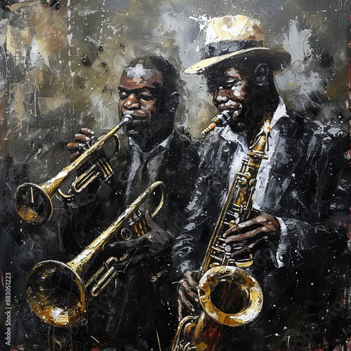 Two jazz musicians, one playing a trumpet and the other a saxophone, are captured in an expressive, abstract painting set against a dynamic and textured background.